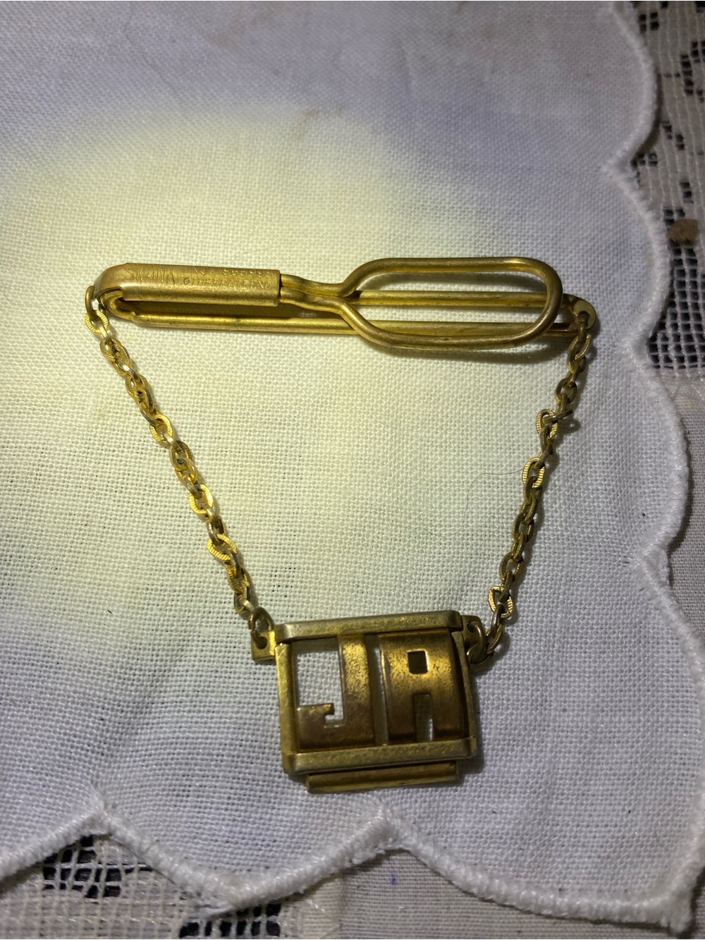 Vintage tie bar, chain, JA initials, Swank brand